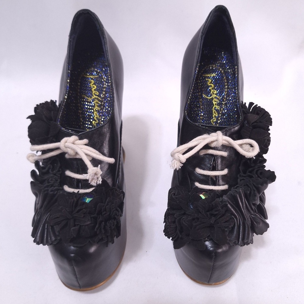 Irregular Choice Pertrisha Leather Floral Ruffle Platform Heels Womens 6.5 Black - Picture 4 of 11